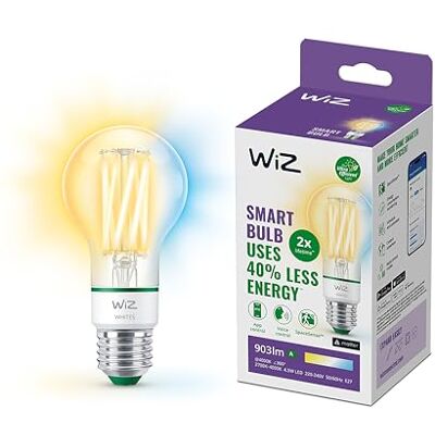 WiZ Gloeilamp – warm tot koelwit licht – Slimme led-verlichting – ultraefficiënt; Energieklasse A – E27 fitting – 60 W – transparant – wifi WiZ Gloeilamp – warm tot koelwit licht – Slimme led-verlichting – ultraefficiënt; Energieklasse A – E27 fitting – 60 W – transparant – wifi
