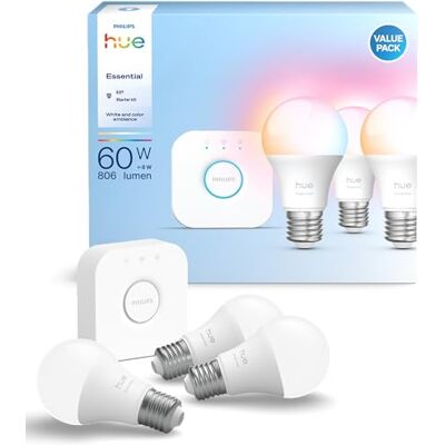 Philips Smart Lighting Starterset 3 lampen + brug, witte en gekleurde sfeer, E27-lampen, 806 lumen, 60 W, met brug, app-bediening, werkt met Alexa en Google Philips Smart Lighting Starterset 3 lampen + brug, witte en gekleurde sfeer, E27-lampen, 806 lumen, 60 W, met brug, app-bediening, werkt met Alexa en Google
