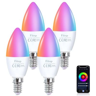 Fitop Smart Alexa Ledlamp, wifi, E14, dimbaar, 4,9 W, 470 lm + RGB, 16 miljoen kleuren, app-bediening, compatibel met Alexa/Google Home, spraakbediening, 4 stuks Fitop Smart Alexa Ledlamp, wifi, E14, dimbaar, 4,9 W, 470 lm + RGB, 16 miljoen kleuren, app-bediening, compatibel met Alexa/Google Home, spraakbediening, 4 stuks