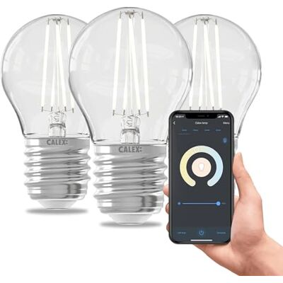 CALEX 3 stuks transparante filamentlampen P45 E27 CCT WiFi, 4,9 W 470 lm, Alexa/Google/Siri, wit, 1800-3000 K, dimbaar, scenario's, zonder brug, wifi 2,4 GHz CALEX 3 stuks transparante filamentlampen P45 E27 CCT WiFi, 4,9 W 470 lm, Alexa/Google/Siri, wit, 1800-3000 K, dimbaar, scenario's, zonder brug, wifi 2,4 GHz