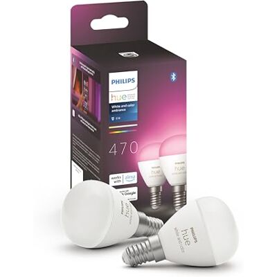 Philips Kogellamp 2 stuks – E14 – duurzame led-verlichting – slimme lamp – wit in gekleurd licht – dimbaar – verbindt met Bluetooth of Hue Bridge – werkt Alexa in Google Home Philips Kogellamp 2 stuks – E14 – duurzame led-verlichting – slimme lamp – wit in gekleurd licht – dimbaar – verbindt met Bluetooth of Hue Bridge – werkt Alexa in Google Home