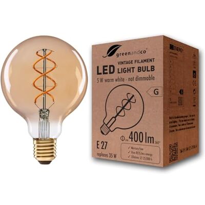 greenandco Lamp E27 Vintage G95 5 W 400 lm extra warm wit amber Decoratieve lamp 2000 K, stralingshoek 360 graden, 230 V, flikkervrij, niet dimbaar, gloeilamp filament greenandco Lamp E27 Vintage G95 5 W 400 lm extra warm wit amber Decoratieve lamp 2000 K, stralingshoek 360 graden, 230 V, flikkervrij, niet dimbaar, gloeilamp filament