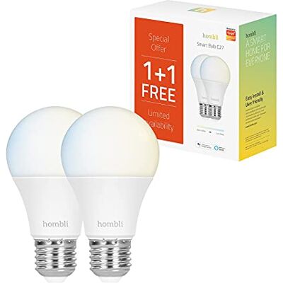Hombli Set van 2 slimme ledlampen, E27, dimbaar, warmwit tot koudwit, 9 W, 800 lumen, eenvoudige installatie, spraakbediening, compatibel met Google, Alexa en Hombli Set van 2 slimme ledlampen, E27, dimbaar, warmwit tot koudwit, 9 W, 800 lumen, eenvoudige installatie, spraakbediening, compatibel met Google, Alexa en