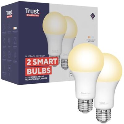 Trust Smart Home WiFi E27 slimme gloeilamp, compatibel met Alexa en Google Home, dimbare lamp E27, zonder hub, 2,4 GHz ledlamp, wifi-lamp, warm wit licht, 2 stuks Trust Smart Home WiFi E27 slimme gloeilamp, compatibel met Alexa en Google Home, dimbare lamp E27, zonder hub, 2,4 GHz ledlamp, wifi-lamp, warm wit licht, 2 stuks