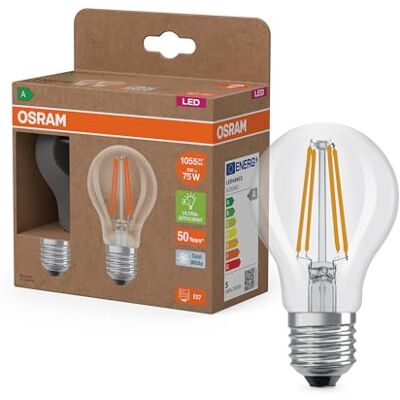 OSRAM Energieklasse in de vorm van een gloeilamp, 5 W/1055 lm, EEK A, koud wit licht (4000 K), CRI 80, van transparant loodvrij glas, E27-fitting, IP20, diameter 60 mm. OSRAM Energieklasse in de vorm van een gloeilamp, 5 W/1055 lm, EEK A, koud wit licht (4000 K), CRI 80, van transparant loodvrij glas, E27-fitting, IP20, diameter 60 mm.
