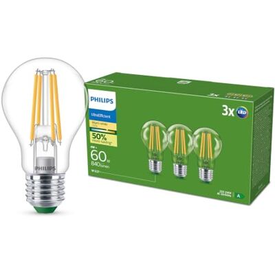 Philips Ultra-Efficient LED-lamp transparant – 60 W – E27 – warm wit licht 2700 K – Energielabel A – 3 stuks Philips Ultra-Efficient LED-lamp transparant – 60 W – E27 – warm wit licht 2700 K – Energielabel A – 3 stuks