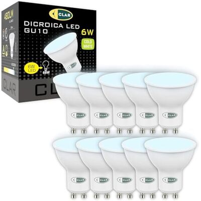 CLAR Ledlamp GU10, koudwit, 6 W (verpakking van 10), 6000ºK, 480 lumen, 6 W, 10 stuks CLAR Ledlamp GU10, koudwit, 6 W (verpakking van 10), 6000ºK, 480 lumen, 6 W, 10 stuks