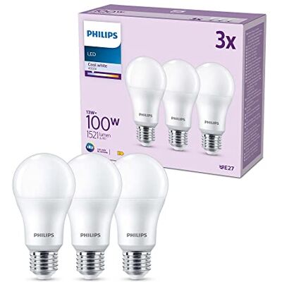 Philips Ledlamp E27, koelwit licht, 100 W, mat, 3 lampen 4000 K koud wit licht, 100 W gloeilamp, energiebesparend, niet dimbaar Philips Ledlamp E27, koelwit licht, 100 W, mat, 3 lampen 4000 K koud wit licht, 100 W gloeilamp, energiebesparend, niet dimbaar