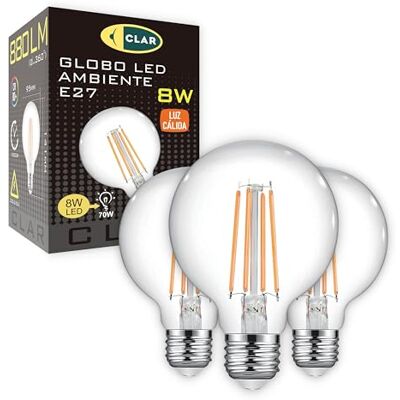 CLAR Ledlamp E27 vintage filament, grote gloeilamp, 8 W (3 stuks) CLAR Ledlamp E27 vintage filament, grote gloeilamp, 8 W (3 stuks)