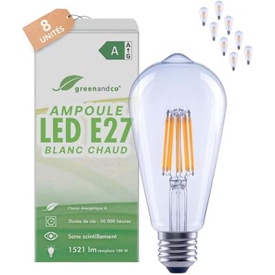 greenandco 8 x led-filamentlampen, transparant, E27 ST64, 7,2 W, 1521 lm, vervangt 100 W, 3000 K, warmwit, 320 graden, 230 V, flikkervrij, energieklasse A, niet dimbaar greenandco 8 x led-filamentlampen, transparant, E27 ST64, 7,2 W, 1521 lm, vervangt 100 W, 3000 K, warmwit, 320 graden, 230 V, flikkervrij, energieklasse A, niet dimbaar