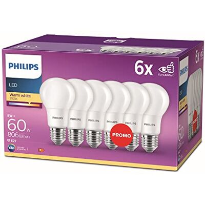 Philips Lighting Ledlampen, E27-fitting, 8 W, komt overeen met 60 W, warmwit 2700 K, mat, 6 stuks Philips Lighting Ledlampen, E27-fitting, 8 W, komt overeen met 60 W, warmwit 2700 K, mat, 6 stuks