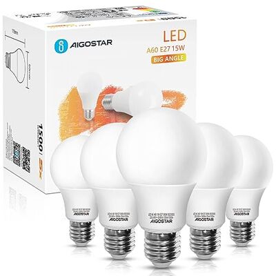 Aigostar LED lamp A5 A60 15W E27 Fitting Warm Wit licht 3000K 1200 lumen Set van 5. Aigostar LED lamp A5 A60 15W E27 Fitting Warm Wit licht 3000K 1200 lumen Set van 5.