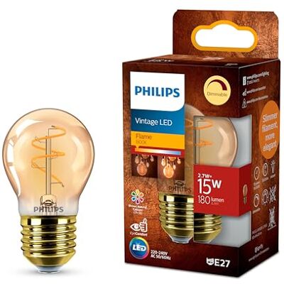 Philips Amber Spiraal Vintage lamp P45, dimbaar, flikkervrij, EyeComfort, 180 lumen, temperatuur 1800 K, 2,7 W = 15 W, E27-fitting, 1 stuk Philips Amber Spiraal Vintage lamp P45, dimbaar, flikkervrij, EyeComfort, 180 lumen, temperatuur 1800 K, 2,7 W = 15 W, E27-fitting, 1 stuk