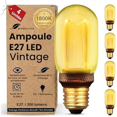 greenandco ® ledlamp, decoratief, vintage, retro, industrieel, antiek, Edison, E27, T45, 4 W, 200 lm, 1800 K, zeer warm wit, 320 graden, 230 V, geen flikkeren, niet dimbaar, 4 stuks greenandco ® ledlamp, decoratief, vintage, retro, industrieel, antiek, Edison, E27, T45, 4 W, 200 lm, 1800 K, zeer warm wit, 320 graden, 230 V, geen flikkeren, niet dimbaar, 4 stuks