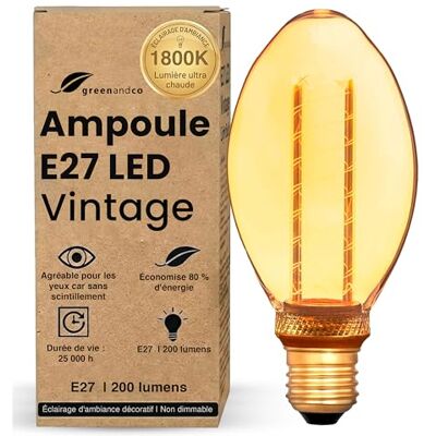greenandco ® Ledlamp, decoratief, vintage, retro, industrieel, antiek, Edison, E27, B75, 4 W, 200 lm, 1800 K, zeer warm wit, 320 graden, 230 V, geen flikkeren, niet dimbaar greenandco ® Ledlamp, decoratief, vintage, retro, industrieel, antiek, Edison, E27, B75, 4 W, 200 lm, 1800 K, zeer warm wit, 320 graden, 230 V, geen flikkeren, niet dimbaar