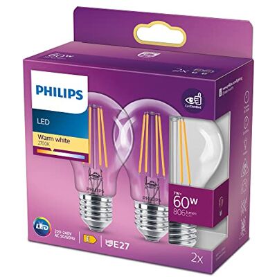 Philips Ledlampen, standaard E27, 60 W, warmwit, helder, glas, 2 stuks Philips Ledlampen, standaard E27, 60 W, warmwit, helder, glas, 2 stuks