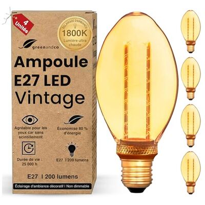 greenandco ® ledlamp, decoratief, vintage, retro, industrieel, antiek, Edison, E27, B75, 4 W, 200 lm, 1800 K, zeer warm wit, 320 graden, 230 V, geen flikkeren, niet dimbaar, 4 stuks greenandco ® ledlamp, decoratief, vintage, retro, industrieel, antiek, Edison, E27, B75, 4 W, 200 lm, 1800 K, zeer warm wit, 320 graden, 230 V, geen flikkeren, niet dimbaar, 4 stuks