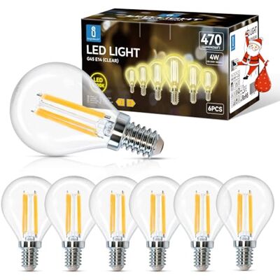 Aigostar Ledlamp filament E14, warmwit, 2700 K, 470 lm, 4 W, komt overeen met 40 W gloeilamp, G45, 360 graden hoek, niet dimbaar, 6 stuks Aigostar Ledlamp filament E14, warmwit, 2700 K, 470 lm, 4 W, komt overeen met 40 W gloeilamp, G45, 360 graden hoek, niet dimbaar, 6 stuks
