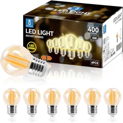 Aigostar Ledlamp E27, warm wit, 2200 K, 400 lm, 4 W (komt overeen met 35 W), retro Edison LED-lamp, G45, 6 stuks Aigostar Ledlamp E27, warm wit, 2200 K, 400 lm, 4 W (komt overeen met 35 W), retro Edison LED-lamp, G45, 6 stuks