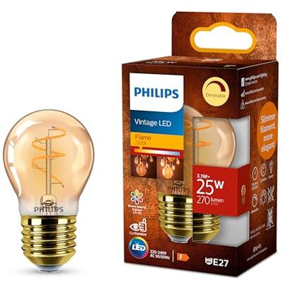Philips Amber Spiraal Vintage lamp P45, dimbaar, flikkervrij, EyeComfort, 270 lumen, temperatuur 2200 K, 3,1 W = 25 W, E27-fitting, 1 stuk Philips Amber Spiraal Vintage lamp P45, dimbaar, flikkervrij, EyeComfort, 270 lumen, temperatuur 2200 K, 3,1 W = 25 W, E27-fitting, 1 stuk