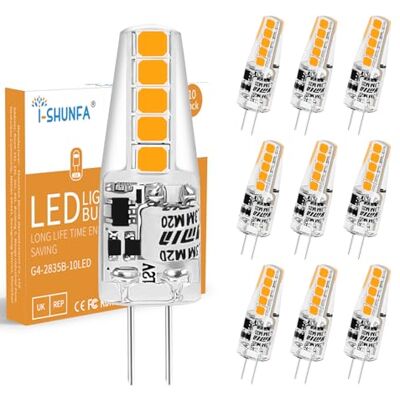 I-SHUNFA Ledlampen G4, 160 lm, 12 V AC/DC, G4 ledlampen, warm wit 3000 K, vervanging 1,3 W voor 20 W halogeenlampen, geen flikkeren, geen dimmen, stralingshoek 360 graden, voor de keuken, 10 stuks I-SHUNFA Ledlampen G4, 160 lm, 12 V AC/DC, G4 ledlampen, warm wit 3000 K, vervanging 1,3 W voor 20 W halogeenlampen, geen flikkeren, geen dimmen, stralingshoek 360 graden, voor de keuken, 10 stuks