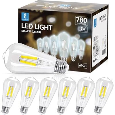 Aigostar Ledlamp E27, koudwit, 6500 K, 780 lm, 6 W, komt overeen met 58 W gloeilamp, retro ledlamp ST64, niet dimbaar, 6 stuks Aigostar Ledlamp E27, koudwit, 6500 K, 780 lm, 6 W, komt overeen met 58 W gloeilamp, retro ledlamp ST64, niet dimbaar, 6 stuks