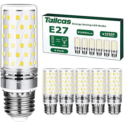Tailcas Ledlampen, E27, koudwit, 12 W (komt overeen met halogeen 100 W), Edison-schroef, E27, 6000 K, 1000 lm, niet dimbaar, flikkervrij, AC 220-240 V, voor kroonluchters, tafellamp (6 stuks) Tailcas Ledlampen, E27, koudwit, 12 W (komt overeen met halogeen 100 W), Edison-schroef, E27, 6000 K, 1000 lm, niet dimbaar, flikkervrij, AC 220-240 V, voor kroonluchters, tafellamp (6 stuks)