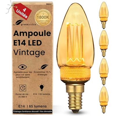 greenandco ® ledlampen, decoratief, vintage, retro, industrieel, antiek, Edison, E14, C35, 2 W, 65 lm, 1800 K, zeer warm wit, 320 graden, 230 V, geen flikkeren, niet dimbaar, 4 stuks greenandco ® ledlampen, decoratief, vintage, retro, industrieel, antiek, Edison, E14, C35, 2 W, 65 lm, 1800 K, zeer warm wit, 320 graden, 230 V, geen flikkeren, niet dimbaar, 4 stuks