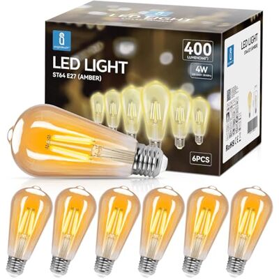 Aigostar Vintage Edison-lampen, E27, 4 W, 400 lumen, warm wit, 2200 K, decoratieve lamp ST64, ideaal voor thuis, bars, café, restaurant, niet dimbaar, 6 stuks Aigostar Vintage Edison-lampen, E27, 4 W, 400 lumen, warm wit, 2200 K, decoratieve lamp ST64, ideaal voor thuis, bars, café, restaurant, niet dimbaar, 6 stuks
