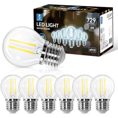 Aigostar Lamp E27 LED filament koud wit 6500 K, 729 lm, 6 W komt overeen met 55 W gloeilamp, hoek van 360 graden, G45, niet dimbaar, 6 stuks Aigostar Lamp E27 LED filament koud wit 6500 K, 729 lm, 6 W komt overeen met 55 W gloeilamp, hoek van 360 graden, G45, niet dimbaar, 6 stuks