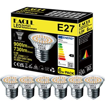 EACLL Ledlamp, E27, warmwit, 6,5 W, komt overeen met 100 W halogeenlampen, 6 stuks, 2700 K, 730 lm, AC 230 V, flikkervrije verlichting, stralingshoek 120 graden, reflectorlamp niet EACLL Ledlamp, E27, warmwit, 6,5 W, komt overeen met 100 W halogeenlampen, 6 stuks, 2700 K, 730 lm, AC 230 V, flikkervrije verlichting, stralingshoek 120 graden, reflectorlamp niet