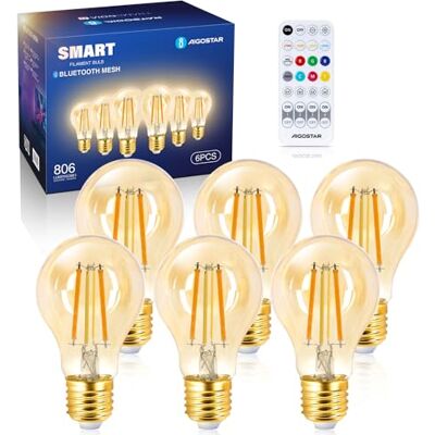 Aigostar Edison Vintage gloeilamp met bluetooth, mesh, A60, dimbaar, 6 W, 806 lm, warmwit, 2700 K-6500 K, compatibel met Alexa, 6 stuks (met afstandsbediening) Aigostar Edison Vintage gloeilamp met bluetooth, mesh, A60, dimbaar, 6 W, 806 lm, warmwit, 2700 K-6500 K, compatibel met Alexa, 6 stuks (met afstandsbediening)