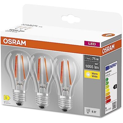 OSRAM Lamps ledlamp, Pise: E27, warm wit, 2700 K, 7,50 W, vervanging voor 75 W gloeilamp, helder, LED BASE CLASSIC A Set, 3 stuks, wit OSRAM Lamps ledlamp, Pise: E27, warm wit, 2700 K, 7,50 W, vervanging voor 75 W gloeilamp, helder, LED BASE CLASSIC A Set, 3 stuks, wit