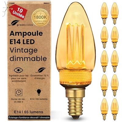 greenandco 10 x dimbare ledlampen decoratieve vintage stijl E14 C35 amber 2,3 W 65 lm 1800 K zeer warm wit 320 ° 230 V geen flikkeren greenandco 10 x dimbare ledlampen decoratieve vintage stijl E14 C35 amber 2,3 W 65 lm 1800 K zeer warm wit 320 ° 230 V geen flikkeren