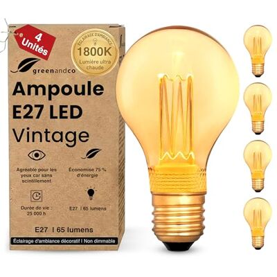 greenandco ® ledlamp, decoratief, vintage, retro, industrieel, antiek, Edison, E27, A60, 2 W, 65 lm, 1800 K, zeer warm wit, 320 graden, 230 V, geen flikkeren, niet dimbaar, 4 stuks greenandco ® ledlamp, decoratief, vintage, retro, industrieel, antiek, Edison, E27, A60, 2 W, 65 lm, 1800 K, zeer warm wit, 320 graden, 230 V, geen flikkeren, niet dimbaar, 4 stuks