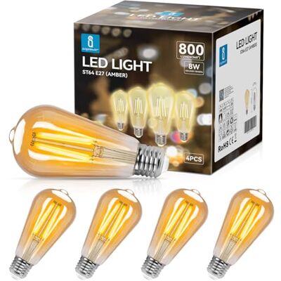 Aigostar Vintage Edison-lampen, E27, 8 W, 800 lumen, warmwit, 2200 K, decoratieve lamp ST64, ideaal voor thuis, bars, café, restaurant, niet dimbaar, 4 stuks Aigostar Vintage Edison-lampen, E27, 8 W, 800 lumen, warmwit, 2200 K, decoratieve lamp ST64, ideaal voor thuis, bars, café, restaurant, niet dimbaar, 4 stuks