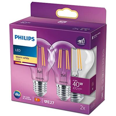 Philips Ledlampen, standaard E27, 40 W, warmwit, helder, glas, 2 stuks Philips Ledlampen, standaard E27, 40 W, warmwit, helder, glas, 2 stuks