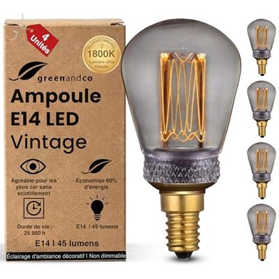 greenandco ® ledlamp, decoratief, vintage, retro, industrieel, antiek, Edison, E14, ST45, 2 W, 45 lm, 2000K (zeer warm wit), 320 graden, 230 V, geen flikkeren, niet dimbaar, 4 stuks greenandco ® ledlamp, decoratief, vintage, retro, industrieel, antiek, Edison, E14, ST45, 2 W, 45 lm, 2000K (zeer warm wit), 320 graden, 230 V, geen flikkeren, niet dimbaar, 4 stuks