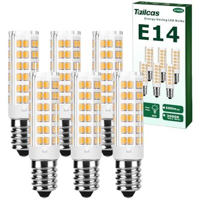 Tailcas Ledlampen, E14, 7 W (komt overeen met halogeen, 65 W), warmwit, 3000 K, 700 lm, kleine Edison-schroef, niet dimbaar, zonder flikkeren, AC 220-240 V, voor plafondlamp, keuken, bureaulampen, 6 stuks Tailcas Ledlampen, E14, 7 W (komt overeen met halogeen, 65 W), warmwit, 3000 K, 700 lm, kleine Edison-schroef, niet dimbaar, zonder flikkeren, AC 220-240 V, voor plafondlamp, keuken, bureaulampen, 6 stuks
