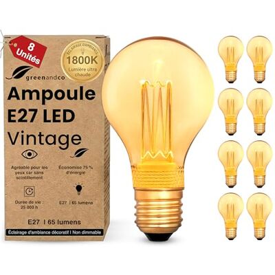 greenandco ® ledlamp, decoratief, vintage, retro, industrieel, antiek, Edison, E27, A60, 2 W, 65 lm, 1800 K, zeer warm wit, 320 graden, 230 V, geen flikkeren, niet dimbaar, 8 stuks greenandco ® ledlamp, decoratief, vintage, retro, industrieel, antiek, Edison, E27, A60, 2 W, 65 lm, 1800 K, zeer warm wit, 320 graden, 230 V, geen flikkeren, niet dimbaar, 8 stuks