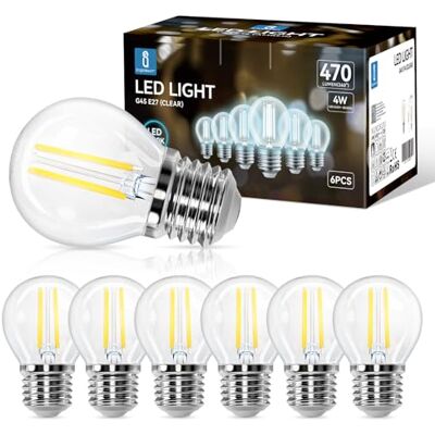 Aigostar Ledlamp filament E27, koudwit, 6500 K, 470 lm, 4 W, komt overeen met gloeilamp, 40 W, G45, 360 graden hoek, niet dimbaar, 6 stuks Aigostar Ledlamp filament E27, koudwit, 6500 K, 470 lm, 4 W, komt overeen met gloeilamp, 40 W, G45, 360 graden hoek, niet dimbaar, 6 stuks