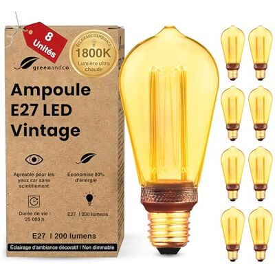 greenandco ® ledlamp, decoratief, vintage, retro, industrieel, antiek, Edison, E27, ST64, 4 W, 200 lm, 1800 K, zeer warm wit, 320 graden, 230 V, geen flikkeren, niet dimbaar, 8 stuks greenandco ® ledlamp, decoratief, vintage, retro, industrieel, antiek, Edison, E27, ST64, 4 W, 200 lm, 1800 K, zeer warm wit, 320 graden, 230 V, geen flikkeren, niet dimbaar, 8 stuks