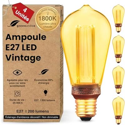 greenandco ® ledlamp, decoratief, vintage, retro, industrieel, antiek, Edison, E27, ST64, 4 W, 200 lm, 1800 K, zeer warm wit, 320 graden, 230 V, geen flikkeren, niet dimbaar, 4 stuks greenandco ® ledlamp, decoratief, vintage, retro, industrieel, antiek, Edison, E27, ST64, 4 W, 200 lm, 1800 K, zeer warm wit, 320 graden, 230 V, geen flikkeren, niet dimbaar, 4 stuks
