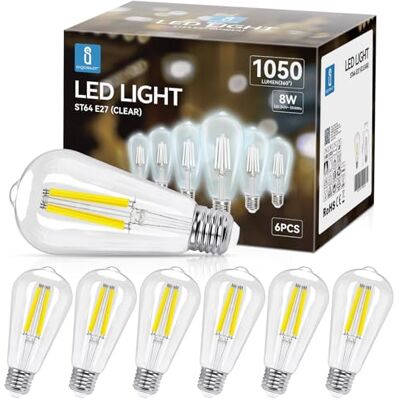 Aigostar Ledlamp E27, koudwit, 6500 K, 1050 lm, 8 W, komt overeen met gloeilamp 75 W, retro ledlamp ST64, niet dimbaar, 6 stuks Aigostar Ledlamp E27, koudwit, 6500 K, 1050 lm, 8 W, komt overeen met gloeilamp 75 W, retro ledlamp ST64, niet dimbaar, 6 stuks