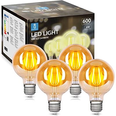 Aigostar Edison LED-lamp, retro, vintage, E27, 6 W, komt overeen met 48 W halogeenlamp, 600 lumen, warm wit 2200 K, decoratieve lamp G80, hoek van 300 graden, CRI ≥ 80, 4 stuks Aigostar Edison LED-lamp, retro, vintage, E27, 6 W, komt overeen met 48 W halogeenlamp, 600 lumen, warm wit 2200 K, decoratieve lamp G80, hoek van 300 graden, CRI ≥ 80, 4 stuks