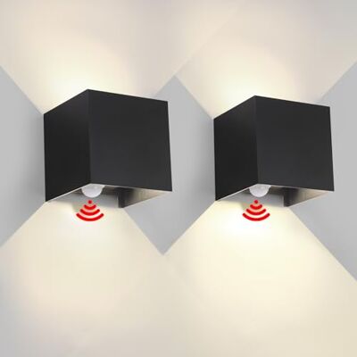 FUPE Wandlamp voor buiten, binnen, met bewegingsmelder, ledwandlamp, IP65, waterdicht, zwart, 6 W, 4000 K, vierkant, aluminium, instelling van de verlichtingshoek, set van 2 FUPE Wandlamp voor buiten, binnen, met bewegingsmelder, ledwandlamp, IP65, waterdicht, zwart, 6 W, 4000 K, vierkant, aluminium, instelling van de verlichtingshoek, set van 2