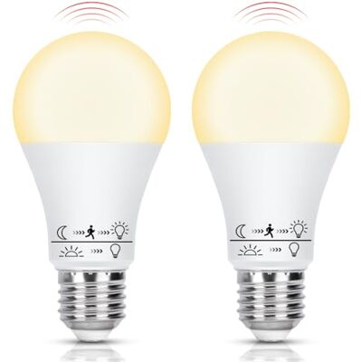 Aigostar Ledlamp, bewegingsmelder, E27, A60, 12 W, komt overeen met 81 W, warm wit 3000 K, 1170 lm, voor hal, garage, trappen, balkon, niet dimbaar, 2 stuks Aigostar Ledlamp, bewegingsmelder, E27, A60, 12 W, komt overeen met 81 W, warm wit 3000 K, 1170 lm, voor hal, garage, trappen, balkon, niet dimbaar, 2 stuks