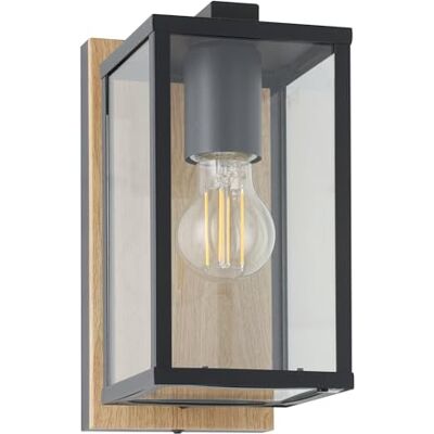 EGLO Budrone Buitenwandlamp, buitenwandverlichting, terras en balkon, zwart metaal en houtlook, E27 fitting, IP44 EGLO Budrone Buitenwandlamp, buitenwandverlichting, terras en balkon, zwart metaal en houtlook, E27 fitting, IP44