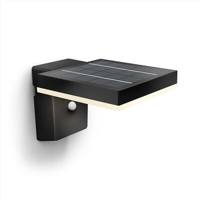Philips Zonal Ultra Efficiënte buitenwandlamp op zonne-energie, vierkant, 1,3 W, 3000 K, zwart, bewegingssensor, IP44 weerbestendig, energiebesparend Philips Zonal Ultra Efficiënte buitenwandlamp op zonne-energie, vierkant, 1,3 W, 3000 K, zwart, bewegingssensor, IP44 weerbestendig, energiebesparend