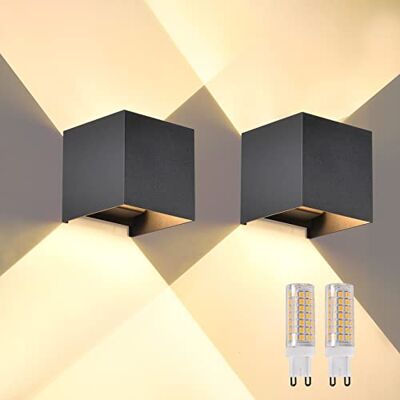 FUPE Wandlamp voor buiten, binnen, led, G9-lampen, vervangbaar, IP65, waterdicht, wandlamp, buiten, zwart, 3000 K, warmwit, vierkant, aluminium, instelling van de verlichtingshoek, 2 stuks FUPE Wandlamp voor buiten, binnen, led, G9-lampen, vervangbaar, IP65, waterdicht, wandlamp, buiten, zwart, 3000 K, warmwit, vierkant, aluminium, instelling van de verlichtingshoek, 2 stuks